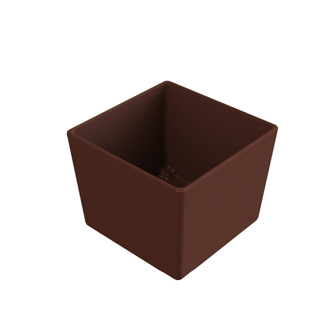 A plain, brown, square-shaped plastic plant pot with slightly tapered sides, viewed at an angle from above. The interior is empty, and the pot is isolated against a white background—an ideal match for a Simple Solutions Bowl aesthetic.