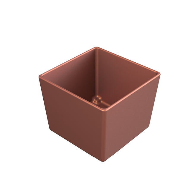 A 3D-rendered image of a simple, empty, square-shaped, reddish-brown planter pot with smooth sides and slightly rounded top edges. The planter's design is reminiscent of a Simple Solutions Bowl crafted from Duracoat cast aluminum.