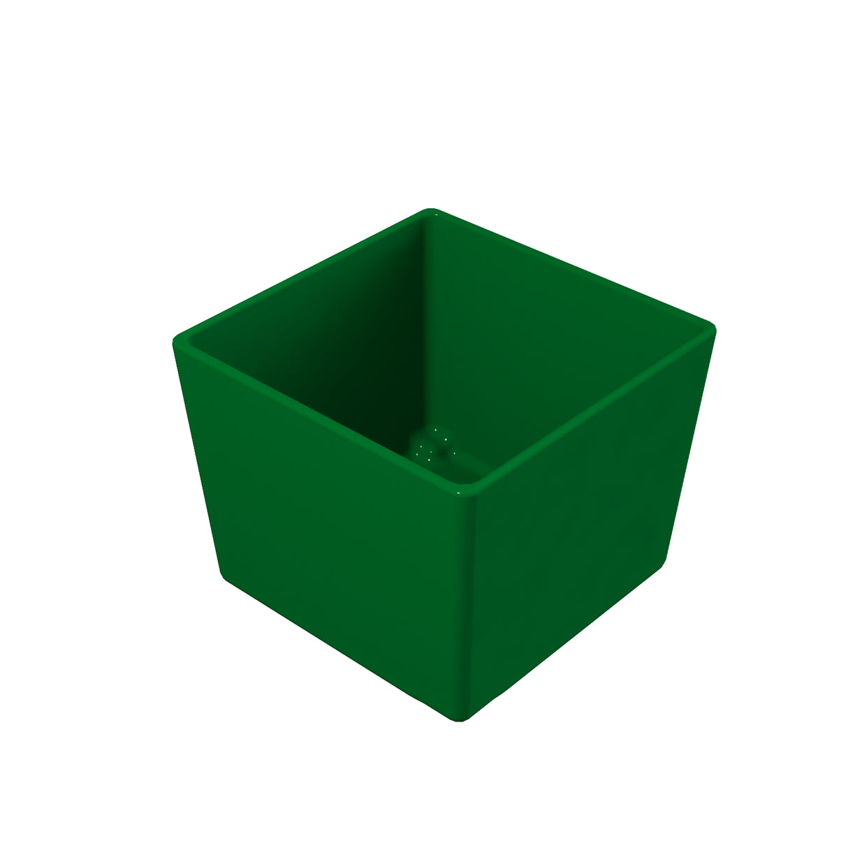 A small, square-shaped, dark green plastic plant pot is shown on a plain white background. Its smooth sides and slightly rounded rim echo the simple elegance of a cast aluminum bowl, with no visible markings or decorations.