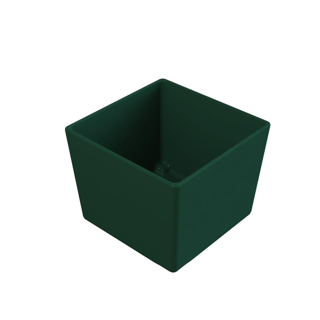 A dark green, empty, square-shaped plastic pot is shown at an angle on a white background. With smooth sides and a flat base, this NSF dishwasher safe pot features an open top, ideal for holding soil and plants.