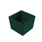 A dark green, empty, square-shaped plastic pot is shown at an angle on a white background. With smooth sides and a flat base, this NSF dishwasher safe pot features an open top, ideal for holding soil and plants.