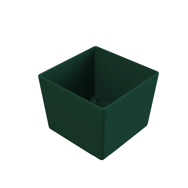 A dark green, empty, square-shaped plastic pot is shown at an angle on a white background. With smooth sides and a flat base, this NSF dishwasher safe pot features an open top, ideal for holding soil and plants.