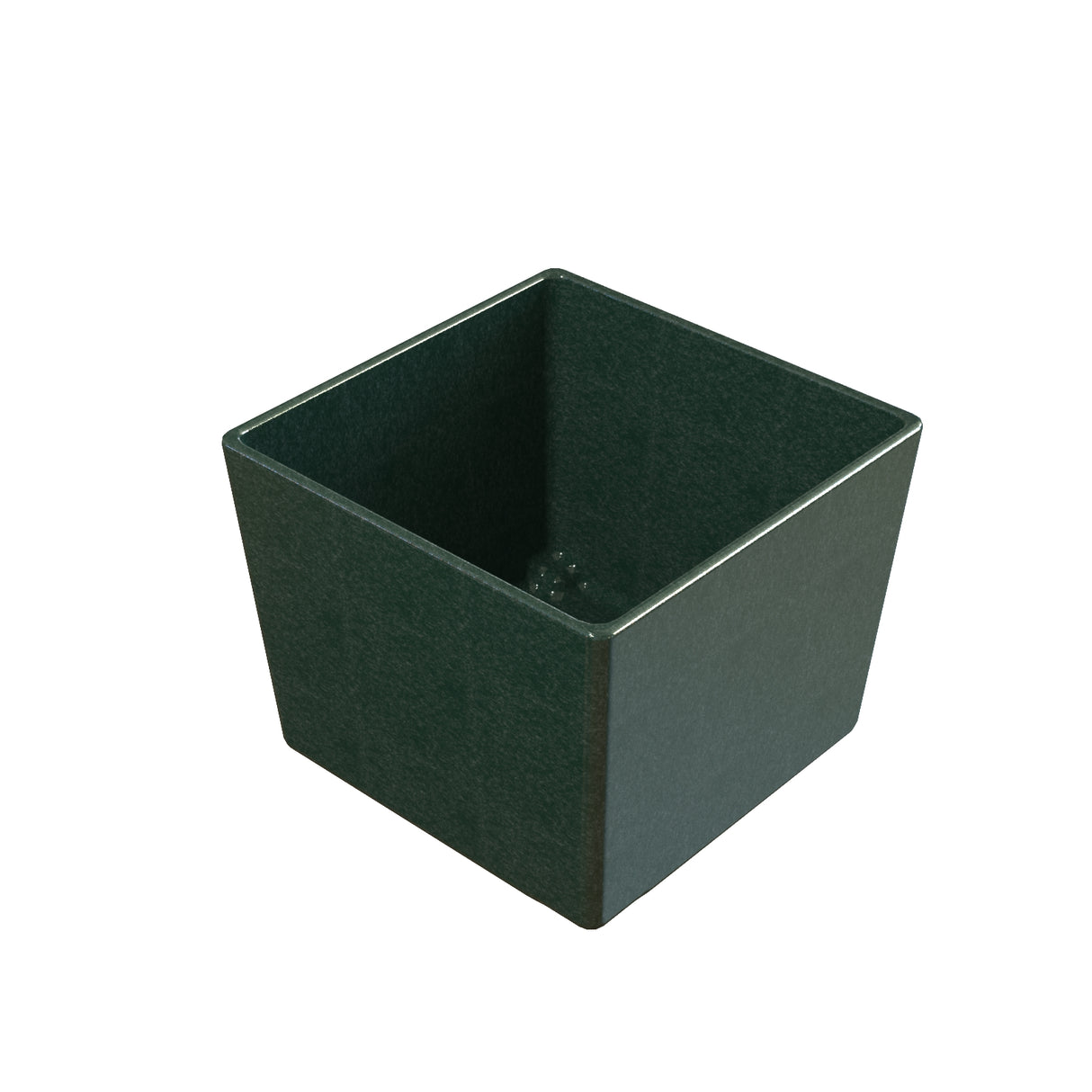 A dark green, square-shaped plastic plant pot with straight sides and a slightly textured surface. Reminiscent of a Simple Solutions Bowl, its smooth interior and corners are visible. The pot sits on a white background with shadowing for depth.