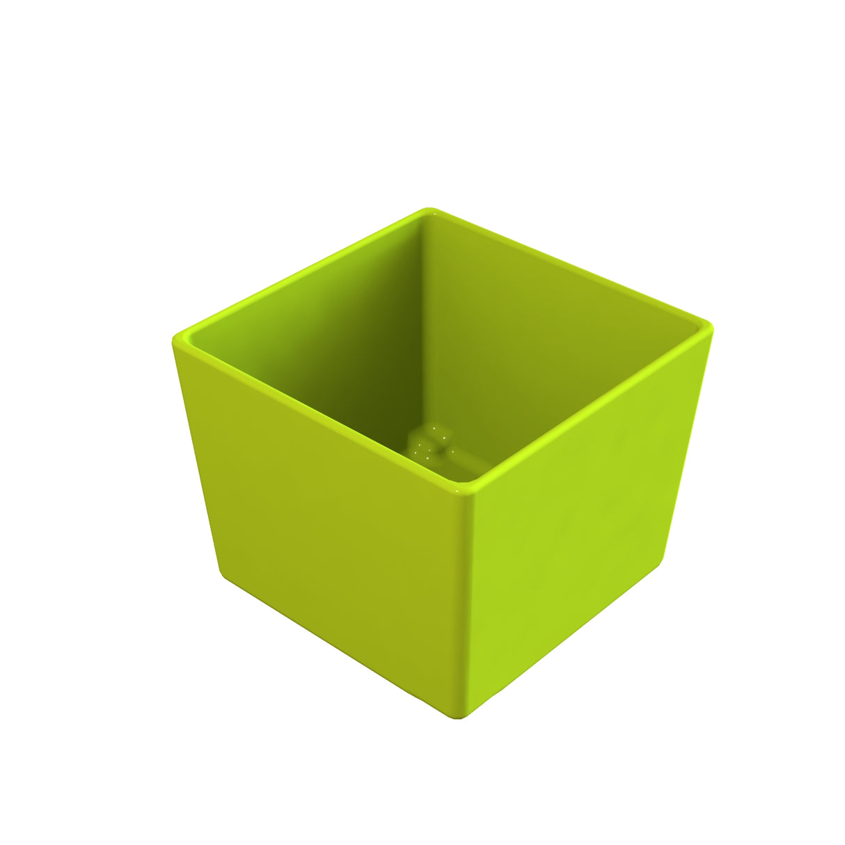 A bright green, empty, square-shaped Simple Solutions Bowl is shown on a white background. The container has smooth sides and sharp edges, viewed from above to highlight its open top and hollow interior.