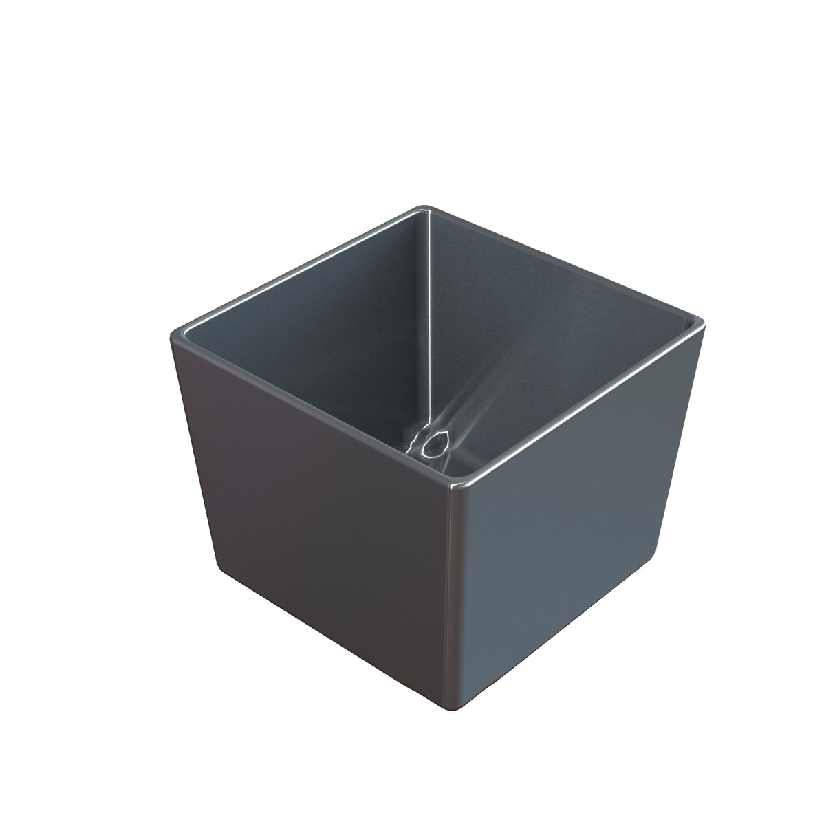 A dark gray, square-shaped cast aluminum bowl with smooth surfaces and sharp corners. The interior is clean with a small circular drainage hole at the bottom center. This minimalist, modern cold holding bowl is perfect for simple solutions.
