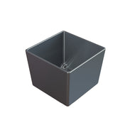 A dark gray, square-shaped cast aluminum bowl with smooth surfaces and sharp corners. The interior is clean with a small circular drainage hole at the bottom center. This minimalist, modern cold holding bowl is perfect for simple solutions.