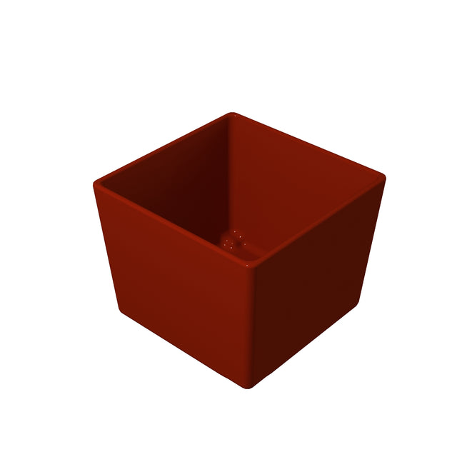 A glossy, solid red Duracoat coated cast aluminum container with straight sides and a flat base is shown on a white background. Viewed from above at an angle, this Simple Solutions Bowl reveals its smooth interior and sharp edges.