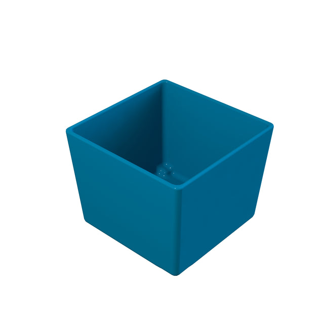 A digital rendering of a plain, blue Simple Solutions Bowl with straight sides and a flat bottom, viewed from above at an angle on a white background. The plastic container is empty and features a smooth surface without any visible markings.