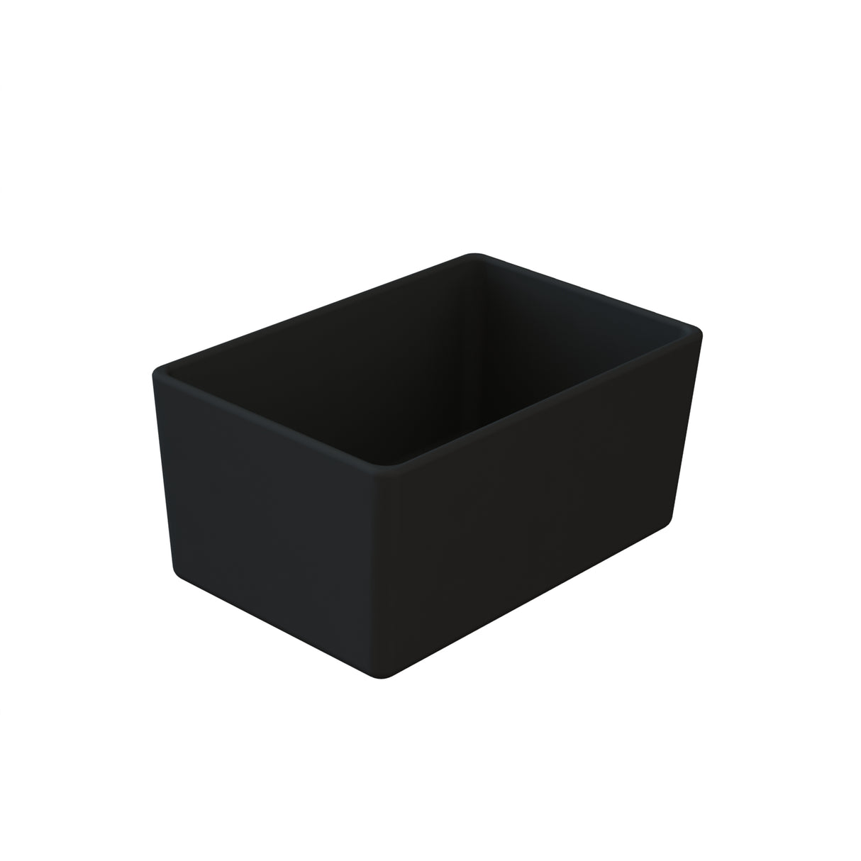 A rectangular, matte black Duracoat coated cast aluminum container with straight sides and rounded corners, viewed from an angle above and to the side. The Simple Solutions Bowl is empty and sits on a plain white background.
