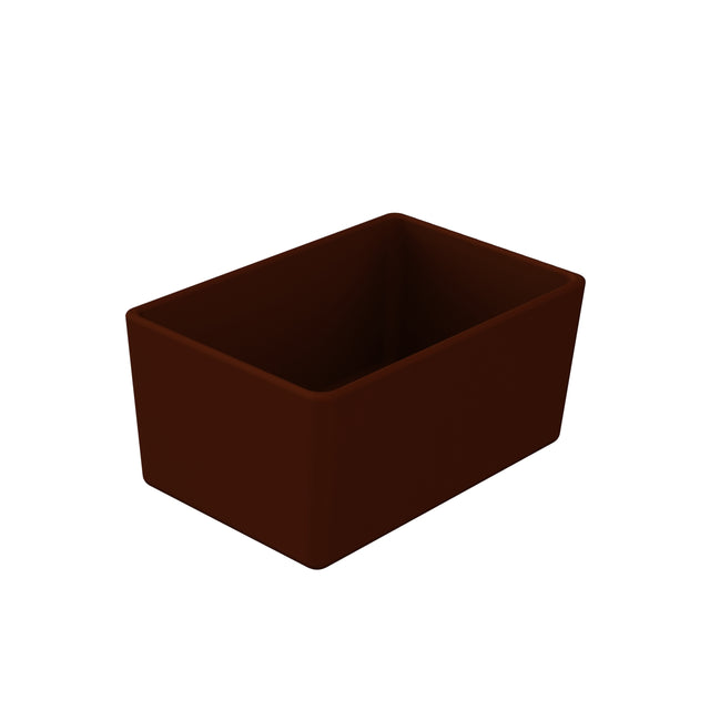 A rectangular, deep brown Simple Solutions Bowl with smooth sides and rounded edges is shown on a plain white background. The container, possibly made of cast aluminum or ceramic, is positioned at an angle, revealing its interior.