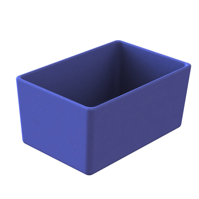 A 3D-rendered, rectangular, open-top Simple Solutions Bowl with rounded edges and corners, colored solid dark blue with a subtle dotted texture. The Duracoat coated cast aluminum box is empty and shown from an elevated angle against a white background.