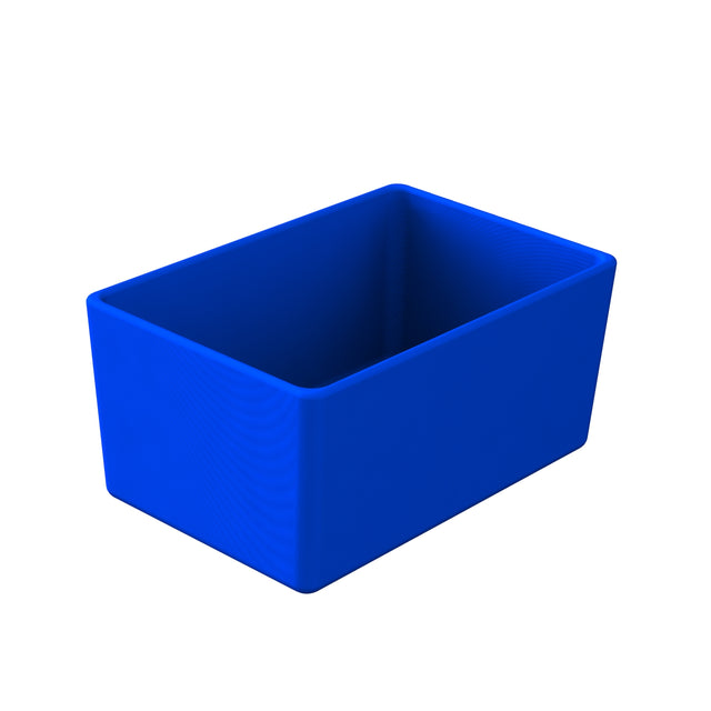 A rectangular, cobalt blue, open-top plastic container is shown on a white background. The container has thick walls and rounded edges, with a smooth surface and no visible patterns or markings inside or outside.