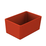 A rectangular, open-top, red Simple Solutions Bowl with smooth sides and rounded edges, shown angled slightly from above on a white background. The Duracoat coated cast aluminum container is empty and has a matte finish.