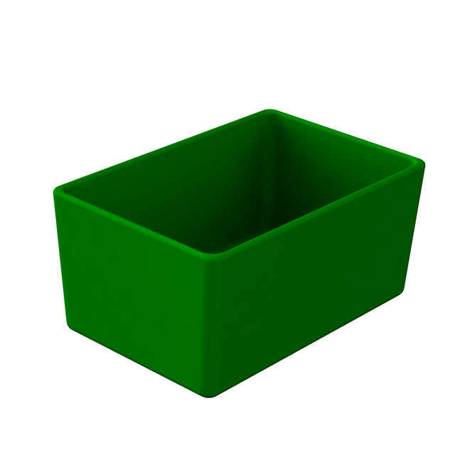 A 3D-rendered image of a Simple Solutions Bowl—an open-top, solid green rectangular container with smooth edges. Made from Duracoat coated cast aluminum, the bowl is angled to reveal its empty interior and sturdy sides.