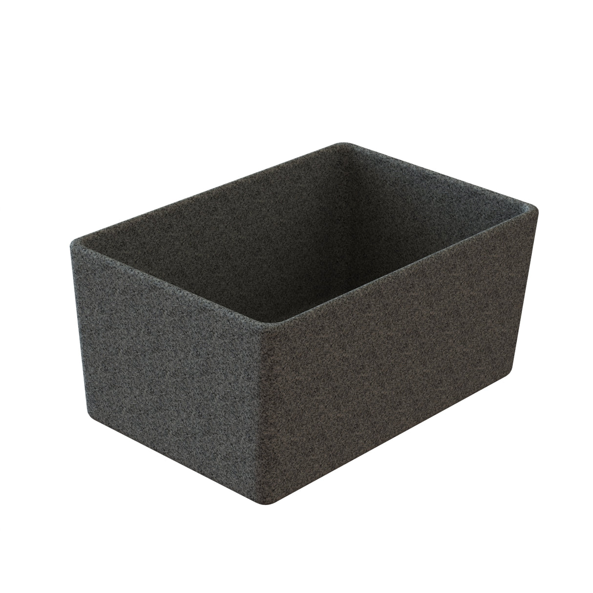 A rectangular, dark gray, textured cast aluminum bowl with straight sides and slightly rounded edges. The container is open at the top and empty, shown against a white background.