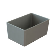 A rectangular, deep, matte gray Simple Solutions Bowl with thick walls and smooth edges. Made of Duracoat coated cast aluminum, this NSF-certified container is solid, opaque, empty, and features a simple, minimalist design.