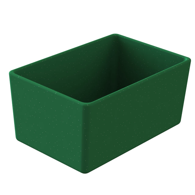 A rectangular, open-topped, dark green cast aluminum bowl with slightly rounded edges and a smooth surface, viewed from an angle showing the front and interior. The surface has small, subtle dotted patterns.