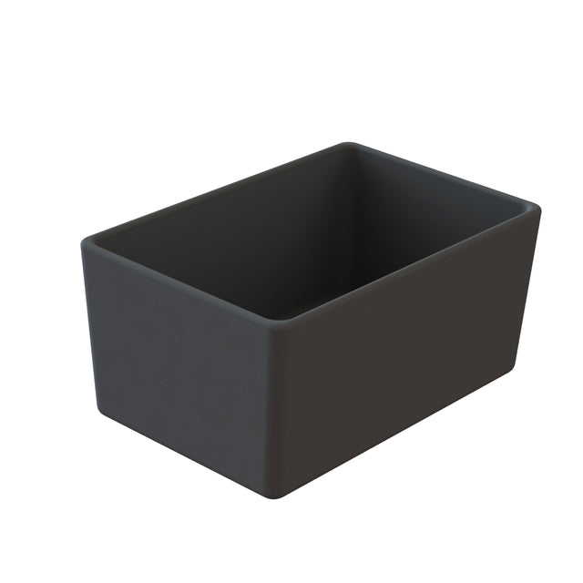 A plain, matte black Simple Solutions Bowl with smooth sides and rounded edges, viewed at an angle that shows its open top and empty interior. The white background highlights its modern design and practical simplicity.
