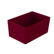 A deep rectangular Simple Solutions Bowl with rounded edges, colored dark burgundy and patterned with small white dots. Made from dishwasher safe Duracoat coated cast aluminum, this empty box sits against a plain white background.