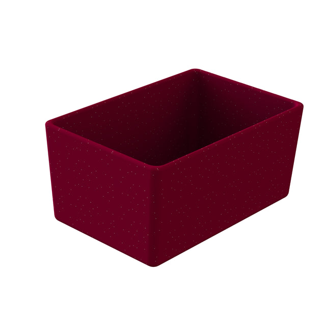 A deep rectangular Simple Solutions Bowl with rounded edges, colored dark burgundy and patterned with small white dots. Made from dishwasher safe Duracoat coated cast aluminum, this empty box sits against a plain white background.