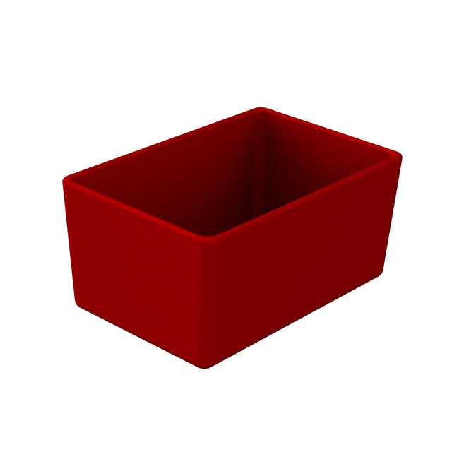 A rectangular, open-top, red box with smooth edges made from Duracoat coated cast aluminum, positioned at an angle to show its depth and empty interior, set against a plain white background.