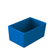 A plain, empty, rectangular blue Duracoat coated cast aluminum box with smooth edges is shown on a white background. The box is open at the top and angled to display both its interior and two outer sides.