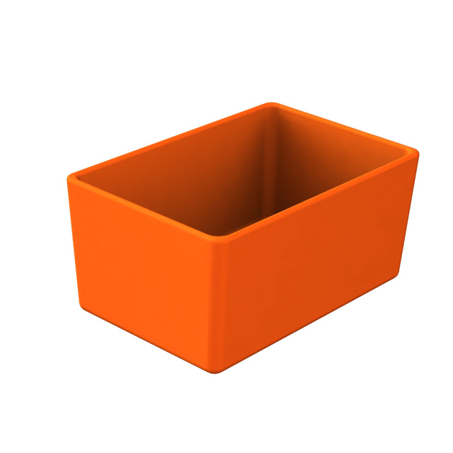 A rectangular, orange, open-top Duracoat coated cast aluminum bowl with smooth sides and rounded corners is shown on a white background. The inside is also orange and empty, suggesting it's durable and dishwasher safe.
