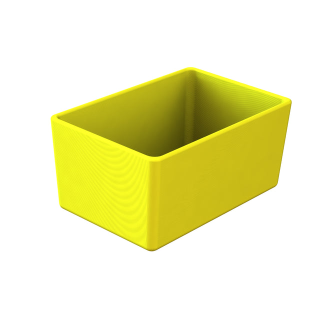 A bright yellow, rectangular Simple Solutions Bowl made of Duracoat coated cast aluminum is shown on a plain white background. The open-top box appears empty, with its smooth, dishwasher safe surfaces and clean, rounded edges visible.