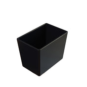 A black, rectangular Simple Solutions Bowl with smooth sides and sharp edges is shown against a plain white background. Made of Duracoat coated cast aluminum, this cold holding bowl is empty and stylishly designed.