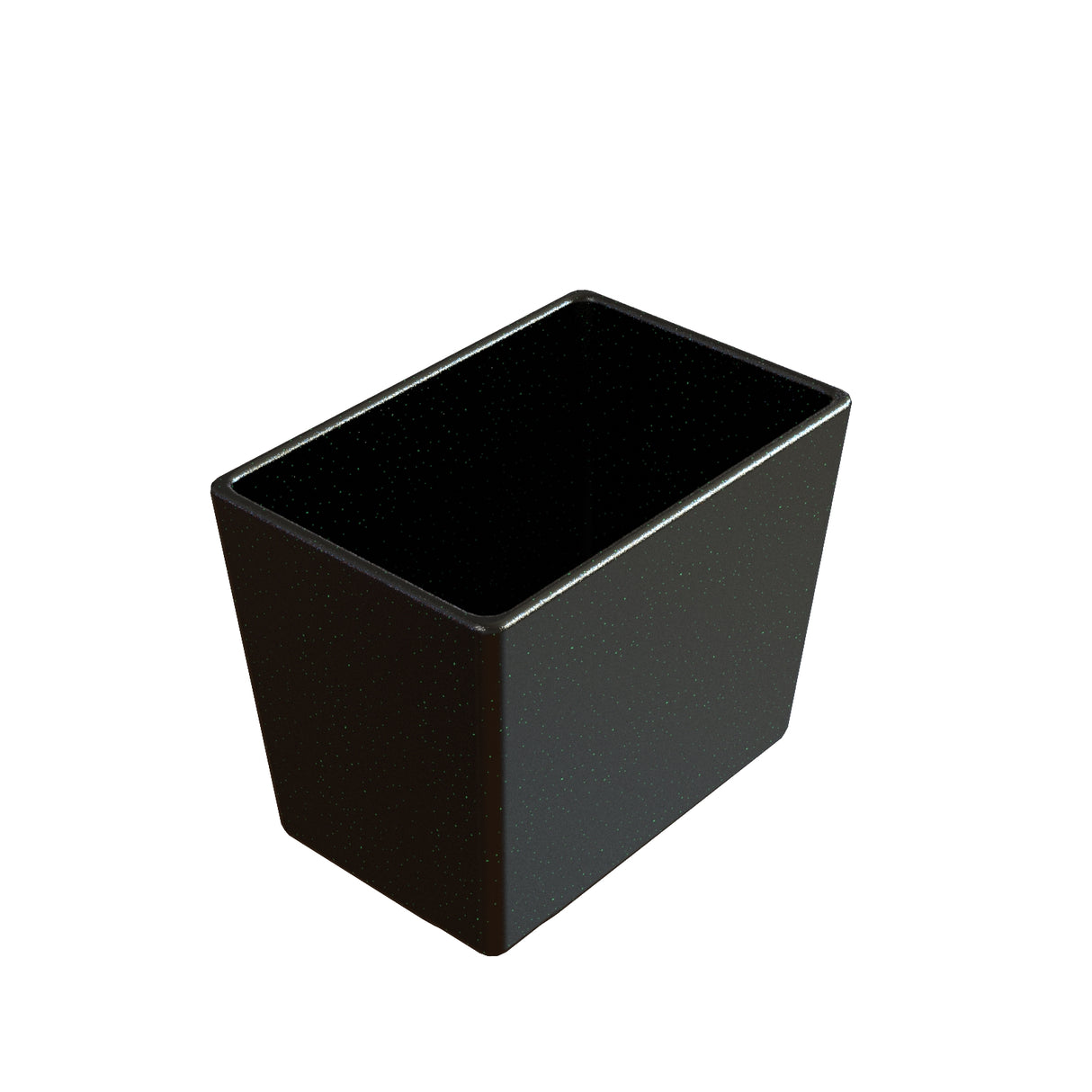 A black, rectangular, open-top cast aluminum container with slightly tapered sides and a smooth, glossy surface. The dishwasher safe container is empty and shown against a plain white background, viewed from a slightly elevated angle.