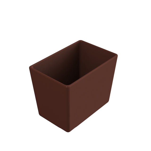 A plain, brown, rectangular plant pot with smooth sides and no visible patterns, placed against a white background. The pot is empty and viewed from a slightly elevated angle, much like a minimalist cast aluminum bowl.