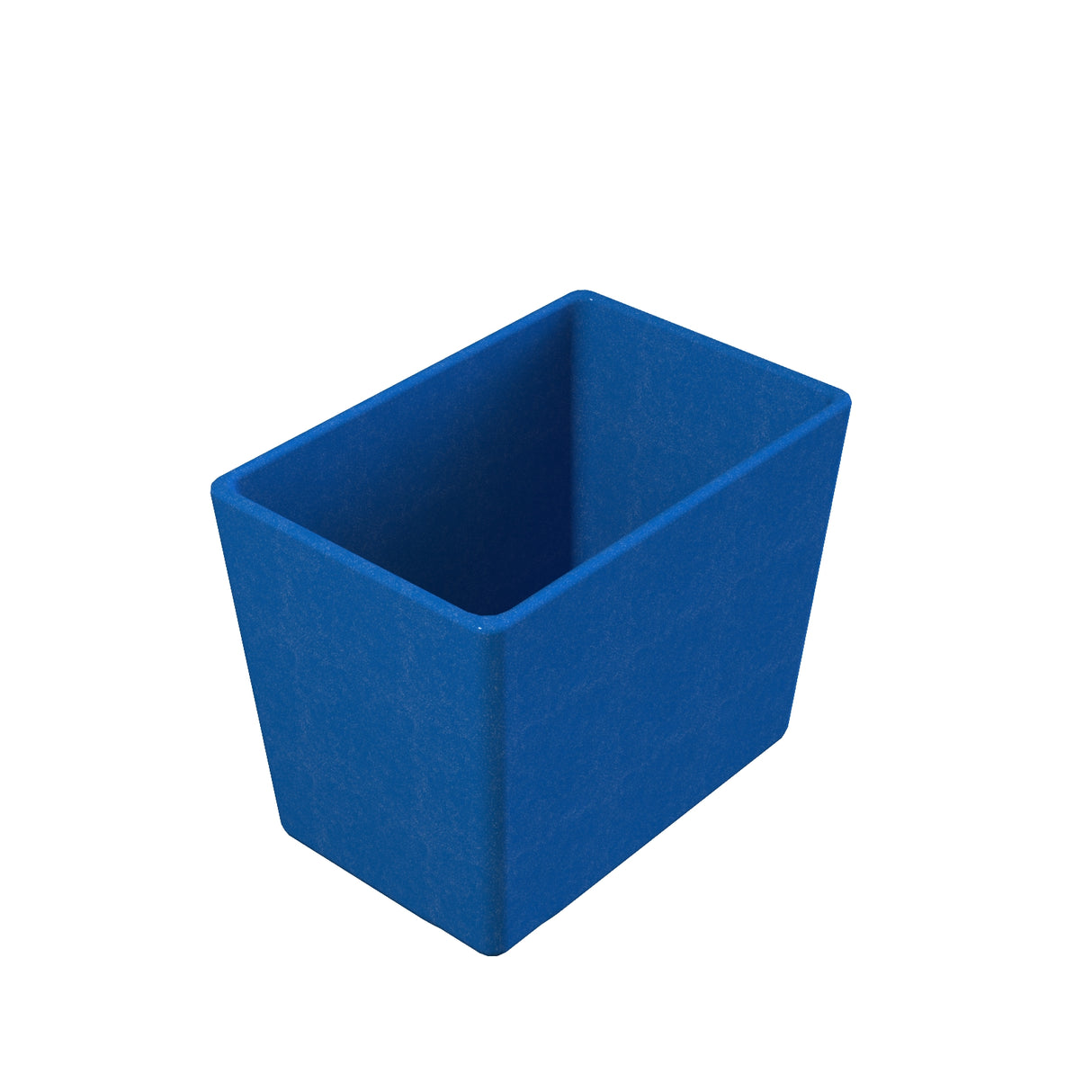 A rectangular, open-top blue cast aluminum container with slightly tapered sides and a smooth, matte finish. The container is empty against a plain white background, emphasizing its vibrant color and simple geometric design.