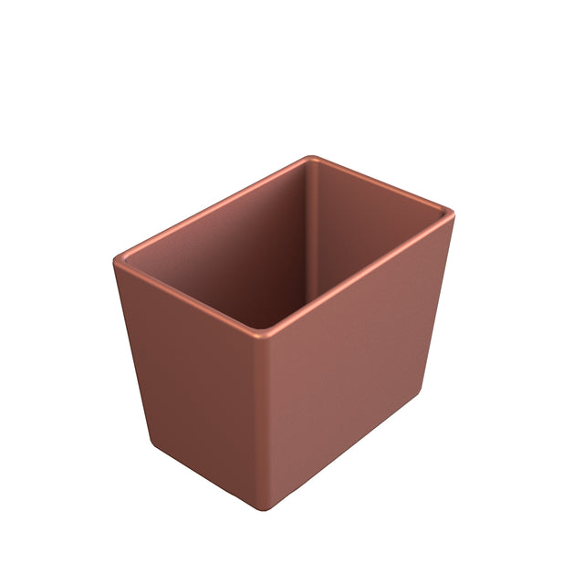 A rectangular, reddish-brown, empty plastic pot with straight sides and slightly rounded edges is shown on a white background. The pot appears sturdy, with a smooth matte finish reminiscent of a Simple Solutions Bowl.