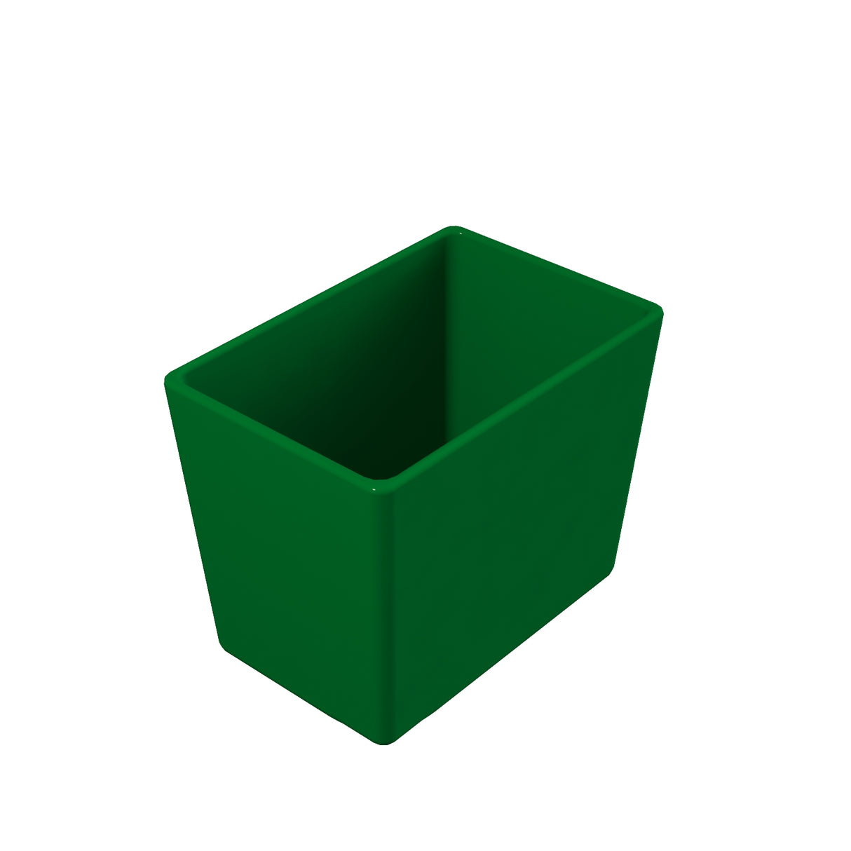 A 3D-rendered image of a rectangular, deep green plastic cold holding bowl with smooth surfaces and slightly rounded corners, shown from an angled top-down perspective against a plain white background. The container is empty.