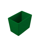 A 3D-rendered image of a rectangular, deep green plastic cold holding bowl with smooth surfaces and slightly rounded corners, shown from an angled top-down perspective against a plain white background. The container is empty.