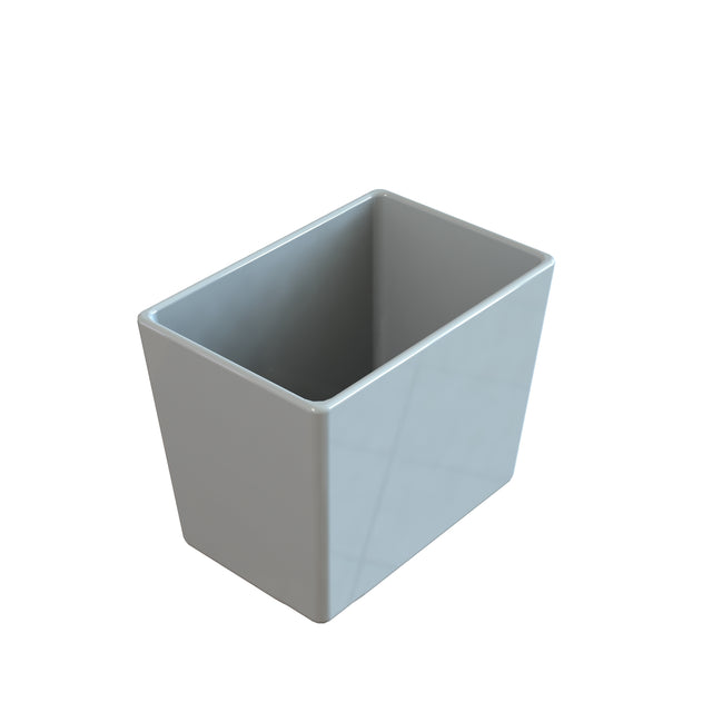 A rectangular, gray, ceramic cold holding bowl with smooth sides and a glossy finish, shown empty against a plain white background. The container has straight sides, rounded upper edges, and is dishwasher safe for easy cleaning.