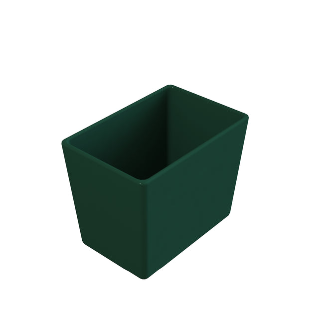 A dark green, rectangular, open-top container with slightly tapered sides is shown against a plain white background. The dishwasher safe container appears to be made of plastic and is empty.
