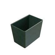 A dark green, rectangular, open-top plastic container with smooth surfaces and slightly tapered sides, photographed on a white background. The bowl appears empty and is positioned at a slight angle, showing both its interior and exterior.