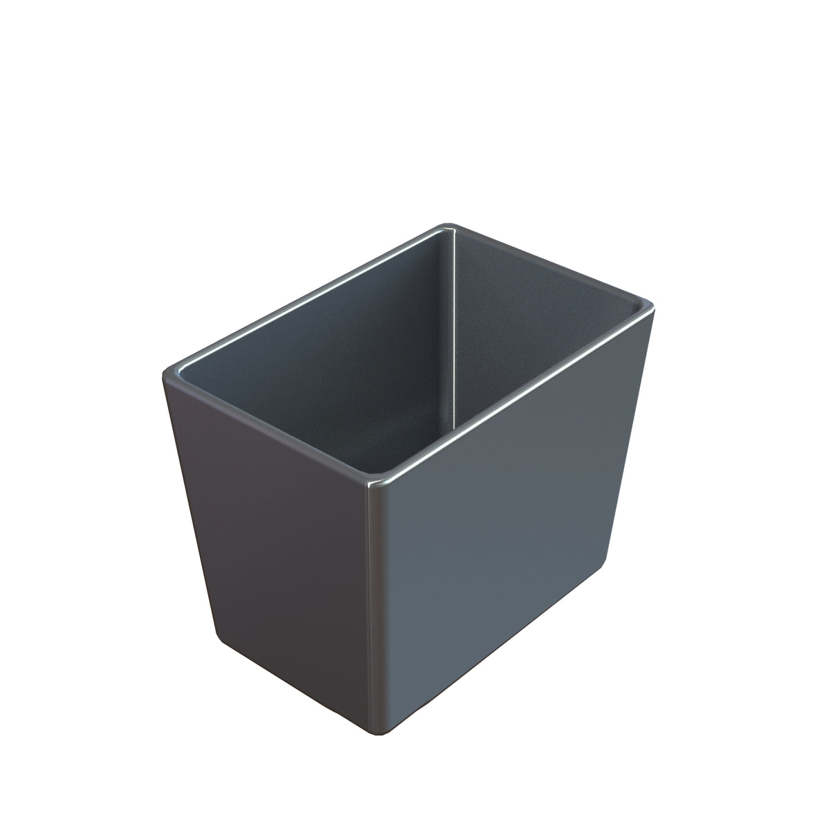 A dark gray, rectangular Simple Solutions™ Bowl with smooth surfaces and sharp edges, viewed from an angled perspective against a plain white background. The open-top cast aluminum bowl appears empty and has a modern, minimalist design.