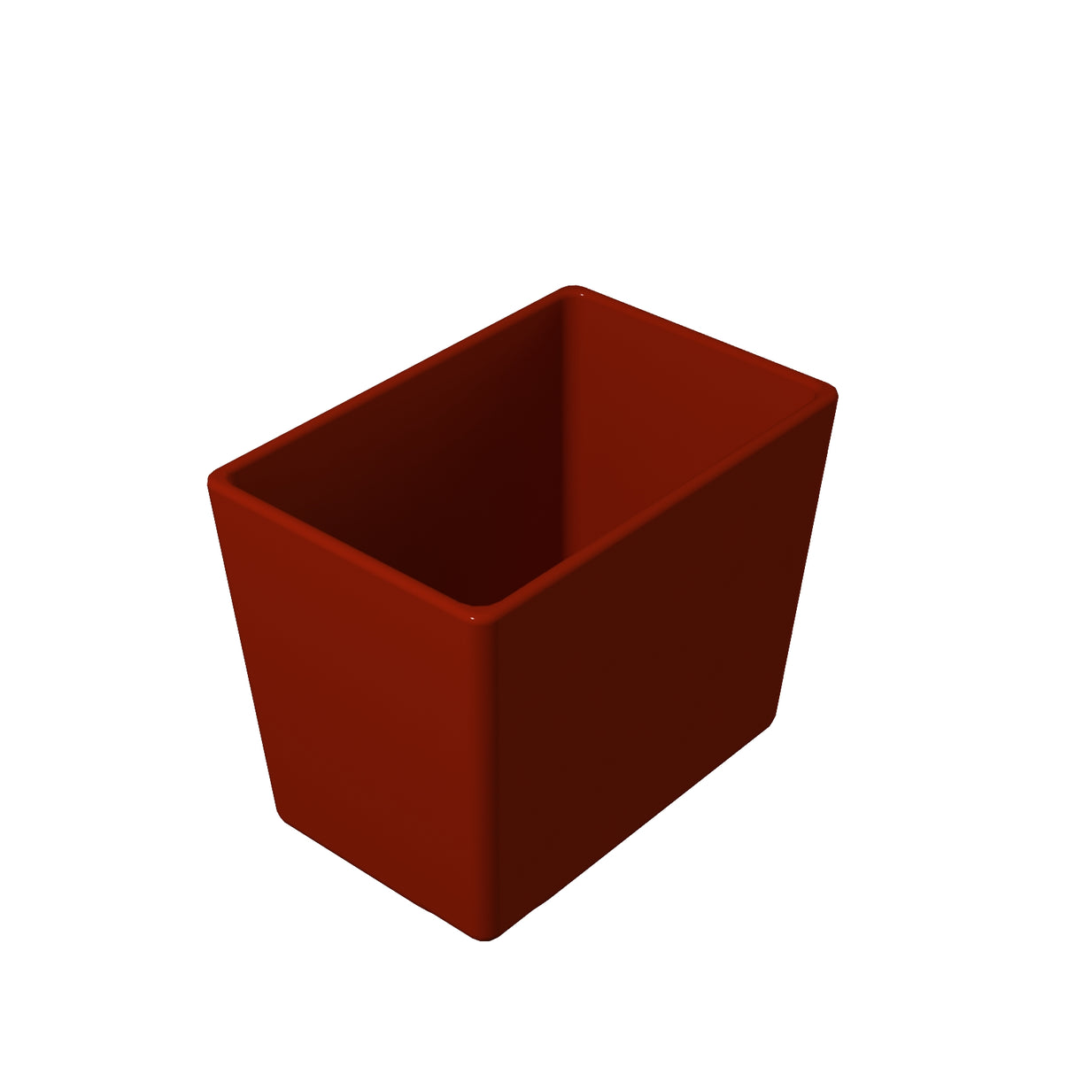 A simple, empty, glossy rectangular planter or container in a solid dark red color—crafted from Duracoat coated cast aluminum—is shown from a slightly elevated angle on a plain white background.