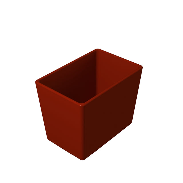 A simple, empty, glossy rectangular planter or container in a solid dark red color—crafted from Duracoat coated cast aluminum—is shown from a slightly elevated angle on a plain white background.