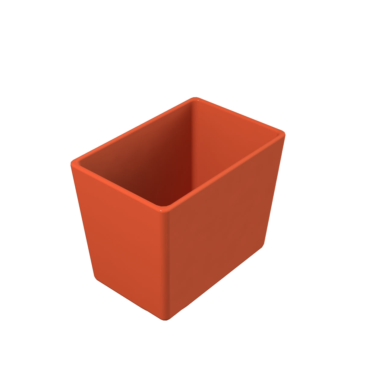 A rectangular, orange Simple Solutions™ Bowl with straight sides and an open top is shown on a white background. Made of plastic, this cold holding bowl features smooth surfaces and rounded edges for a modern look.