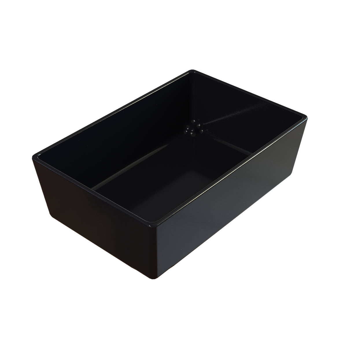 A rectangular, black, deep plastic tray with straight sides and slightly rounded edges is shown on a white background. Similar in utility to an NSF bowl, the tray is empty, glossy, and has a smooth inner surface.