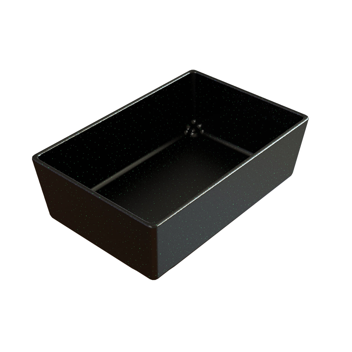 A rectangular, black speckled baking dish with slightly flared sides and a glossy finish, reminiscent of a cast aluminum bowl, shown empty on a plain white background.
