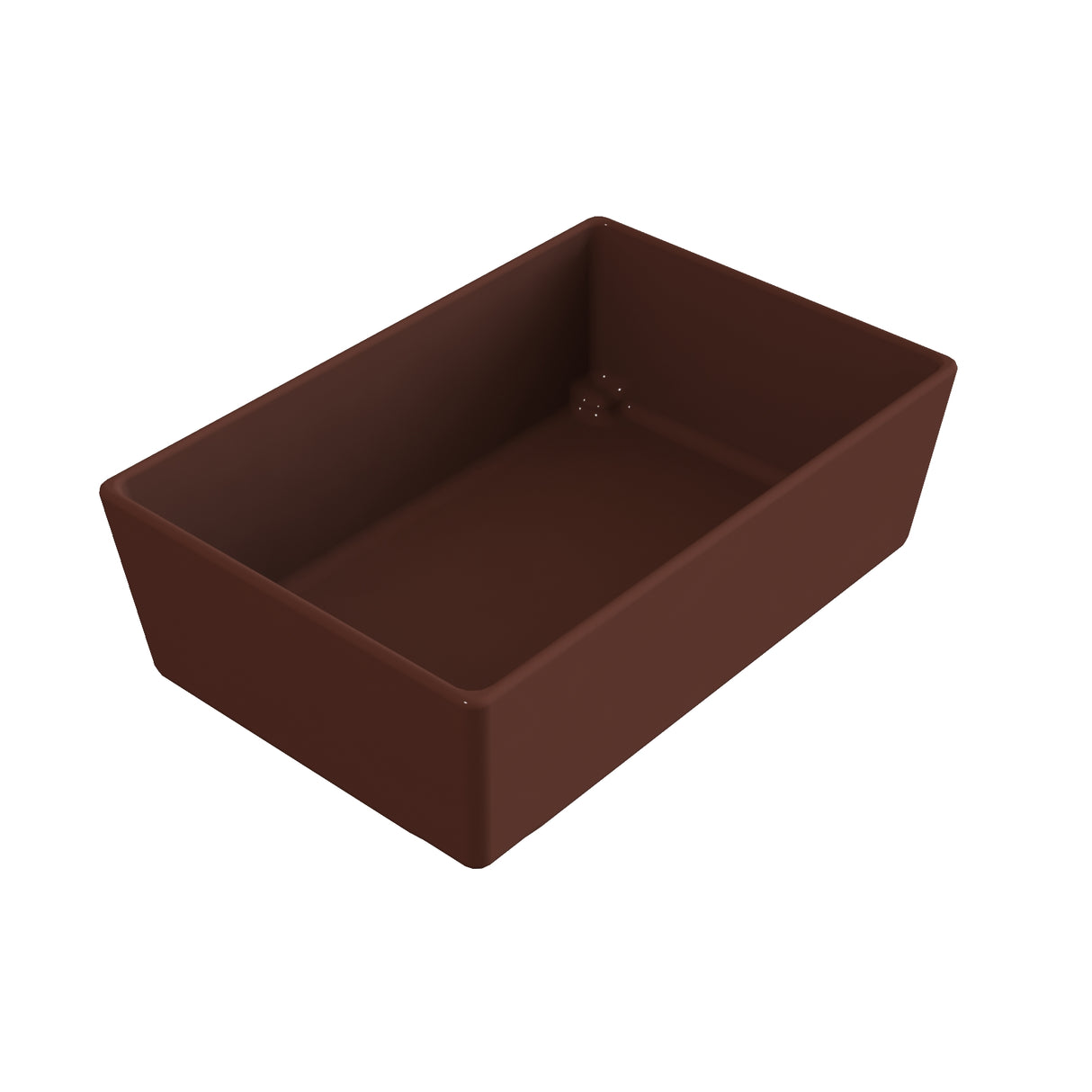 A rectangular, deep brown Simple Solutions Bowl with straight sides and rounded edges, resembling a basin or tray, sits on a plain white background. Crafted from cast aluminum, its smooth interior appears empty and ready for use.