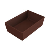 A rectangular, deep brown Simple Solutions Bowl with straight sides and rounded edges, resembling a basin or tray, sits on a plain white background. Crafted from cast aluminum, its smooth interior appears empty and ready for use.