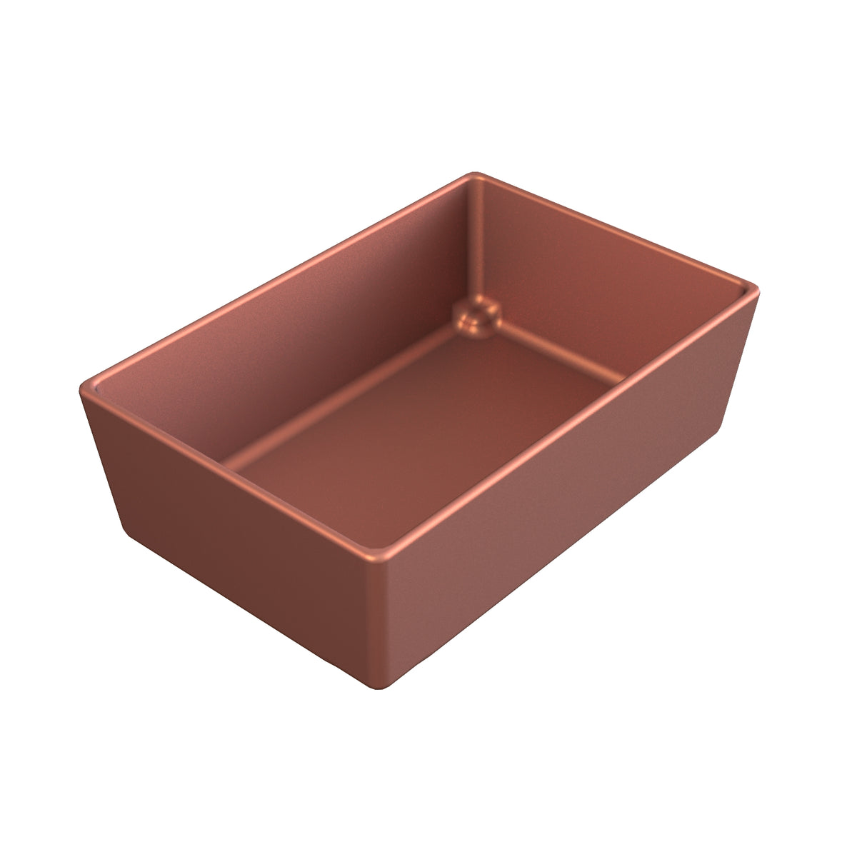 A rectangular, deep copper bowl with straight sides and slightly rounded edges, shown in a warm copper color. This cast aluminum bowl is empty and photographed against a plain white background.