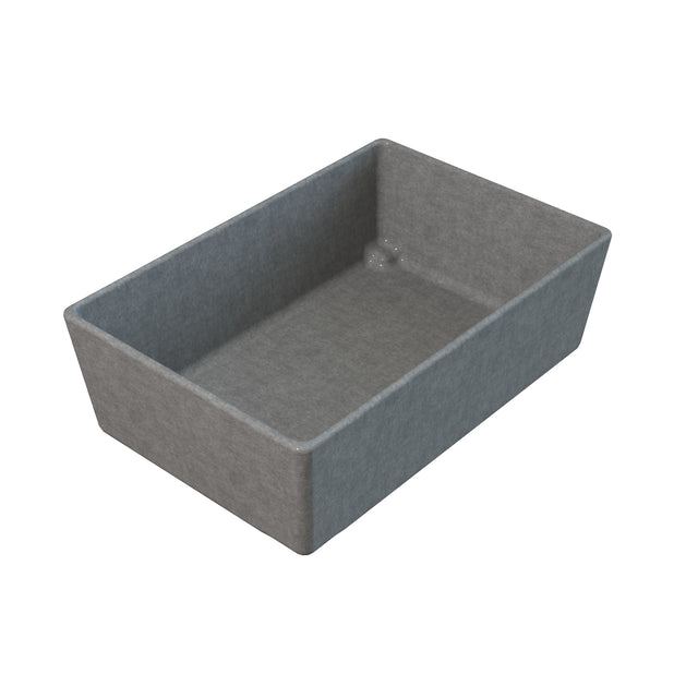 A rectangular, deep gray tray with high straight sides and a textured surface, viewed from above at an angle, resembles a Simple Solutions Bowl. The tray appears sturdy and utilitarian, possibly made of felt or a similar material.