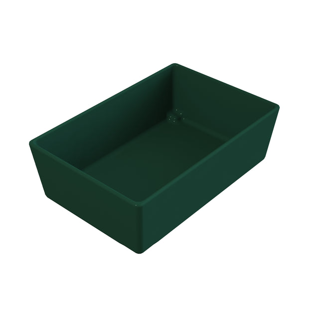 A rectangular, deep green plastic tray from TableCraft with slightly angled sides and a smooth surface, shown on a white background. The tray is empty and NSF certified, with no visible handles or markings.