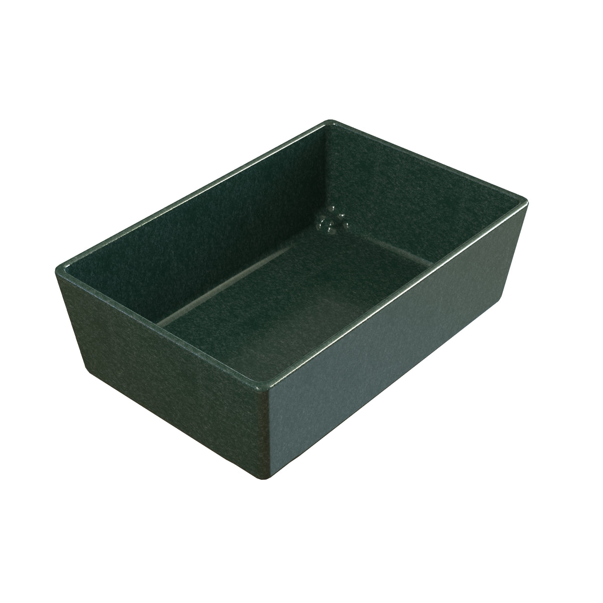 A rectangular, deep, dark green Simple Solutions Bowl with smooth, straight sides and rounded interior corners. This cast aluminum bowl has a glossy finish and unadorned, modern design—ideal for baking, serving, or food storage. NSF certified.
